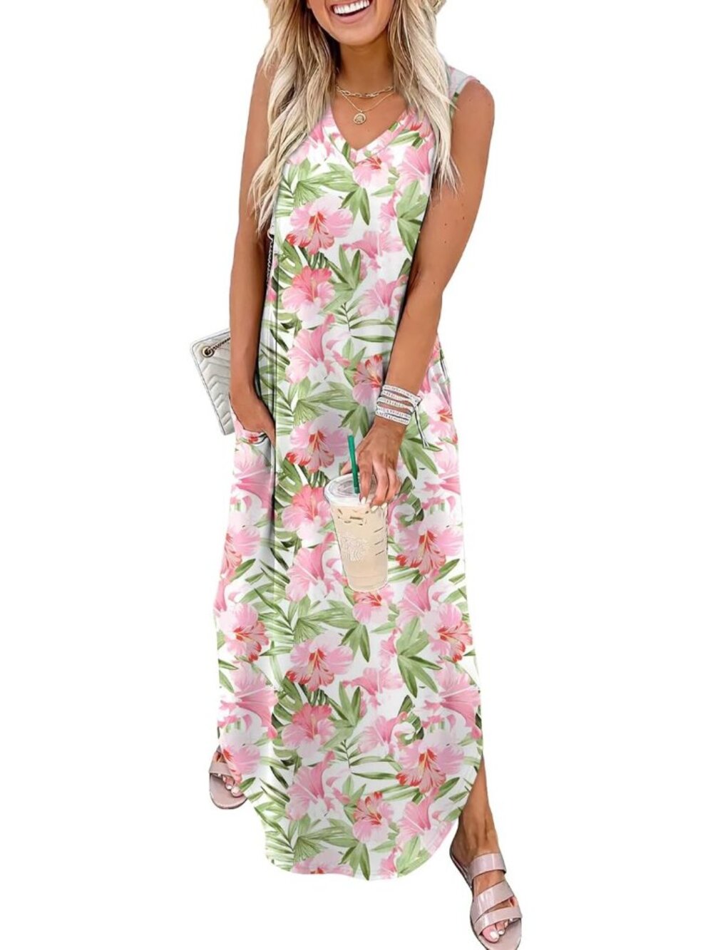 Women's Floral Pink Hawai Summer Maxi Dress Beach Sundress Vacation with Pocket